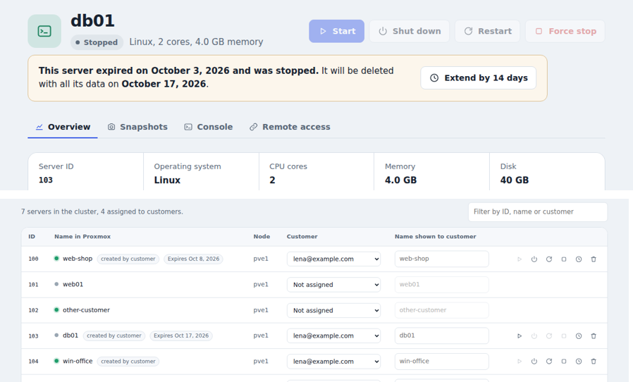 Expired server and expiry dates in the admin list